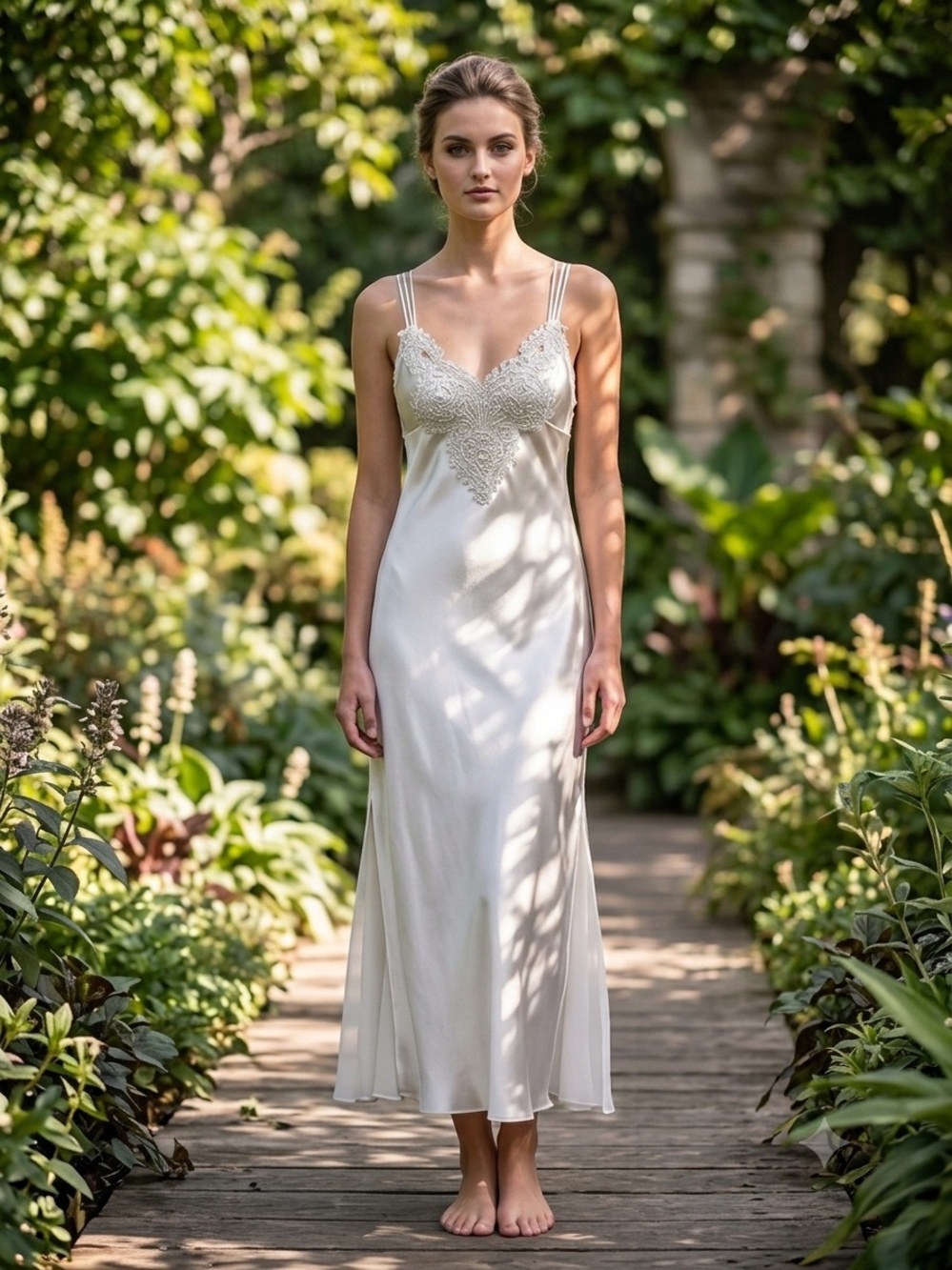 Silky Ivory Lace-Trim Beaded Romantic Slip Dress Wedding Gown Coquette Bridal